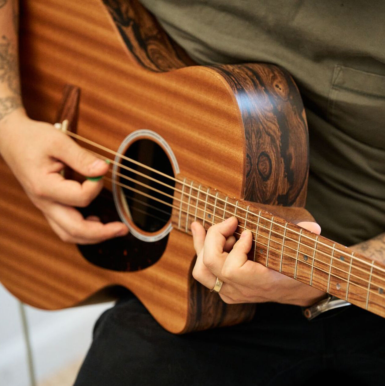 Closeup of a person playing an acoustic guitar